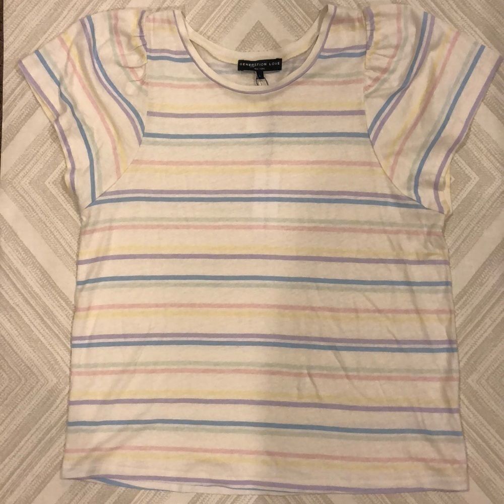 Generation Love White Linen Blend T-Shirt w/ Colorful Stripes Wide Sleeve NWT